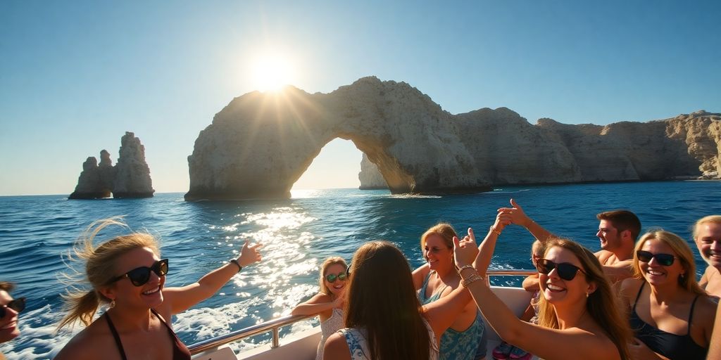 Tourists enjoying boat ride near El Arco, Baja California Sur.
