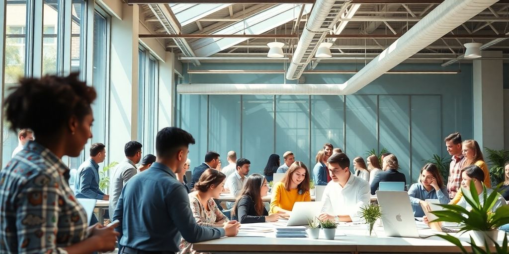 Diverse team collaborating in modern office.