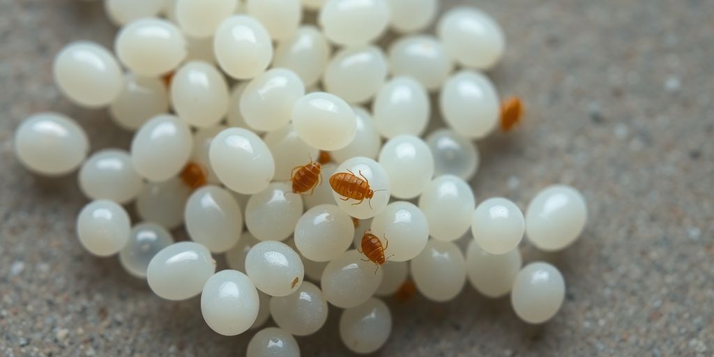 Close-up of bed bug eggs on a surface.