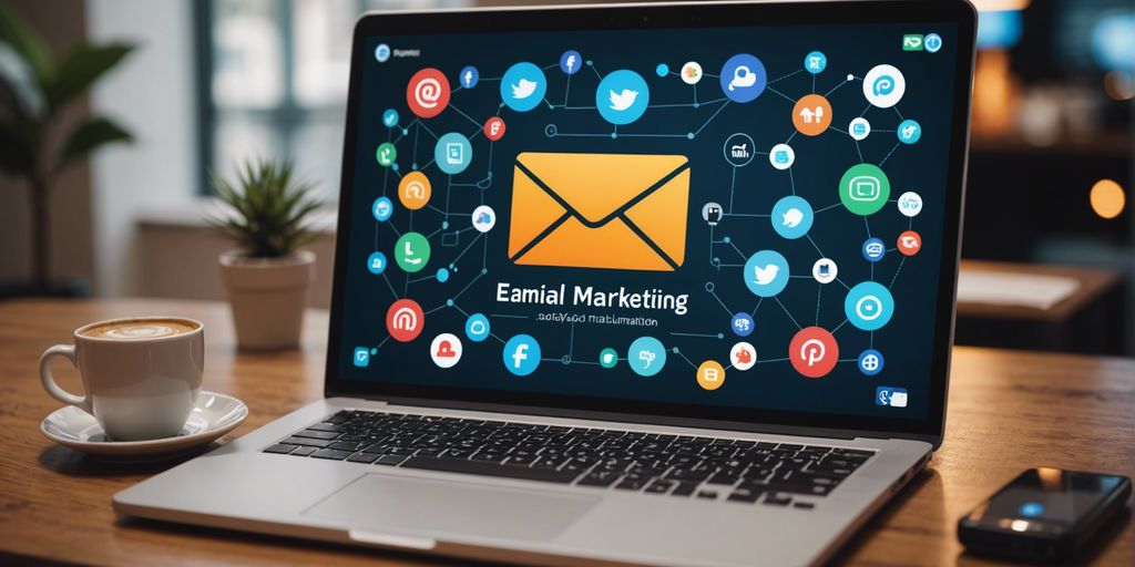 Laptop screen showing marketing icons like email, social media, and analytics, symbolizing ecommerce marketing automation.