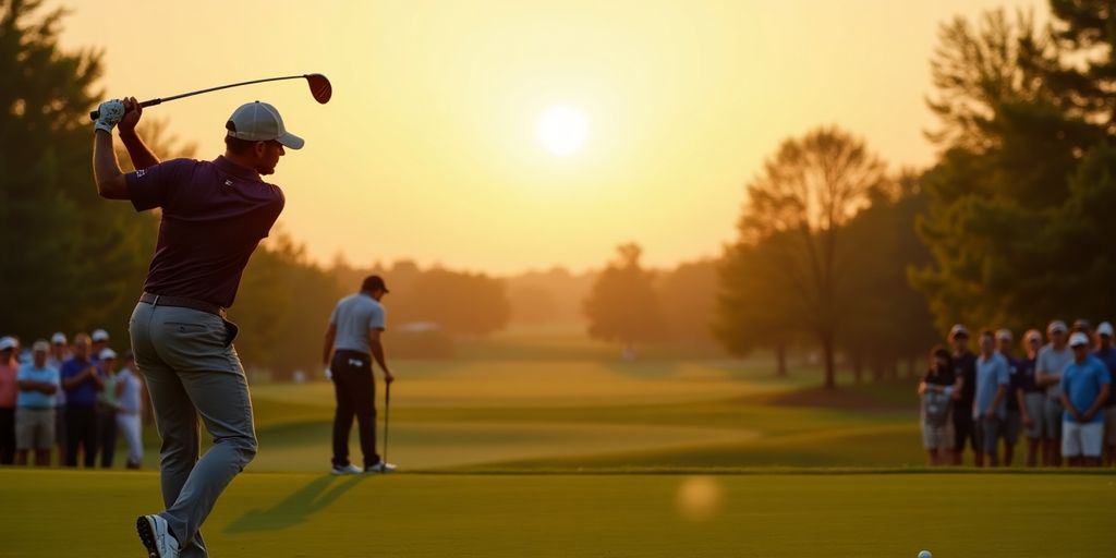 Golfer swinging on the green with spectators observing.
