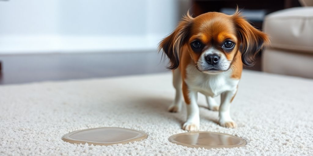 Dog stands on rug, small puddle nearby.