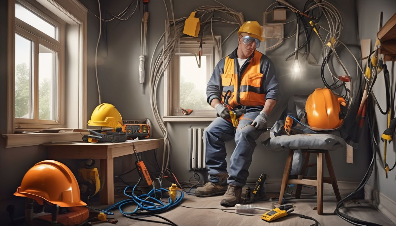 electrician working safely with tools and protective gear in a home setting