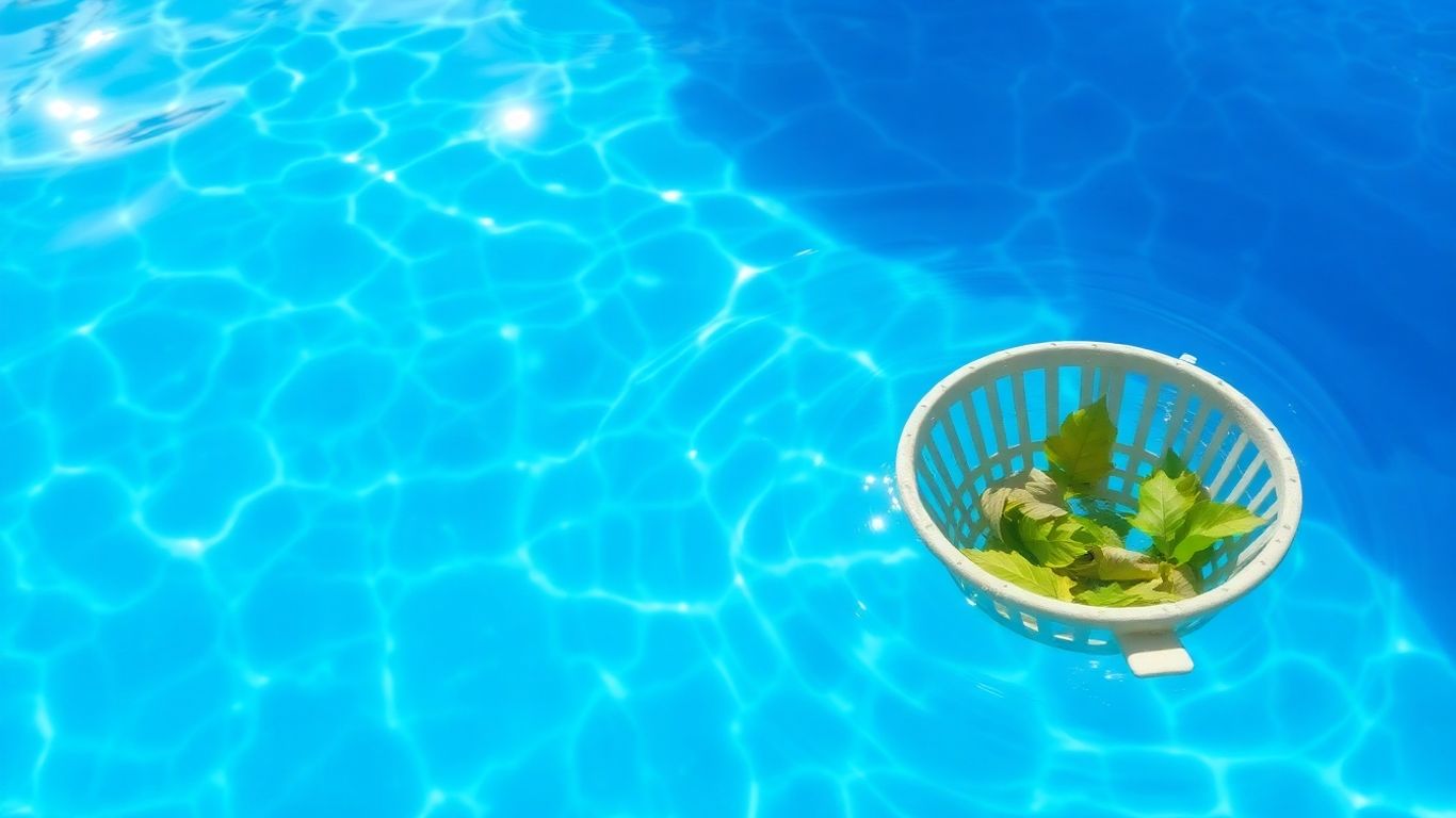 Pool skimmer basket floating on sparkling blue water.
