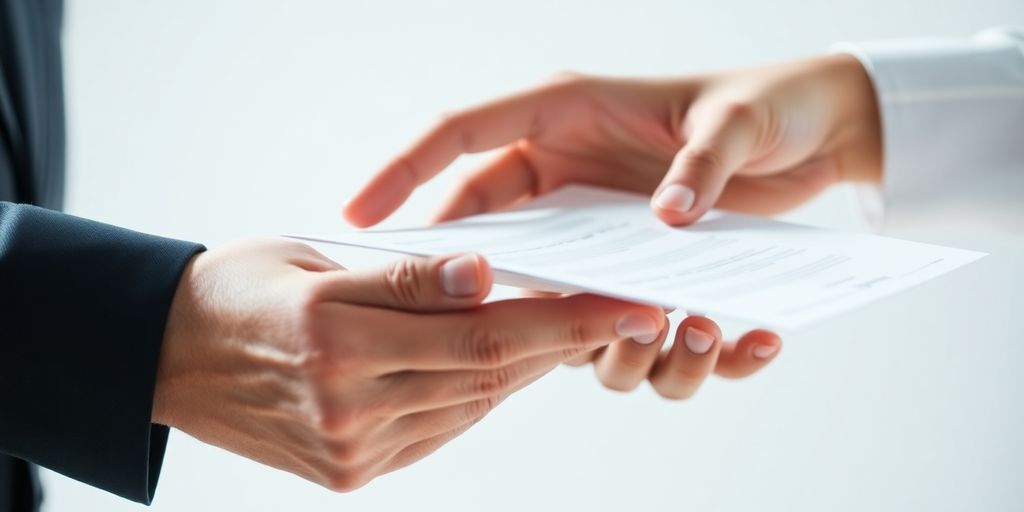 Professional hands exchanging a document.
