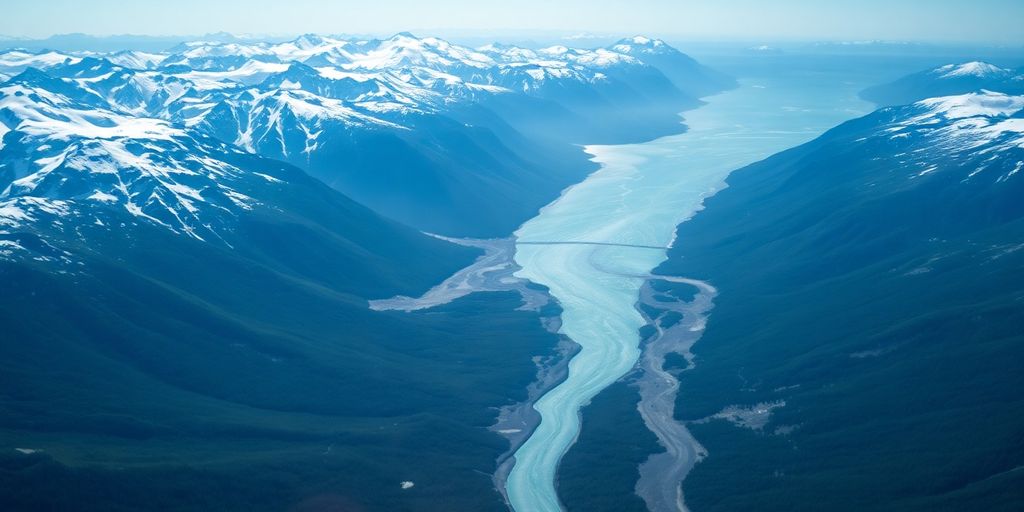 A helicopter flies over a massive Alaskan glacier and mountains.