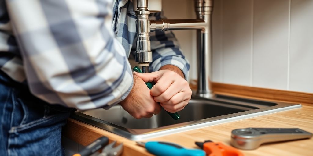 Handyman fixing a kitchen sink with tools nearby.