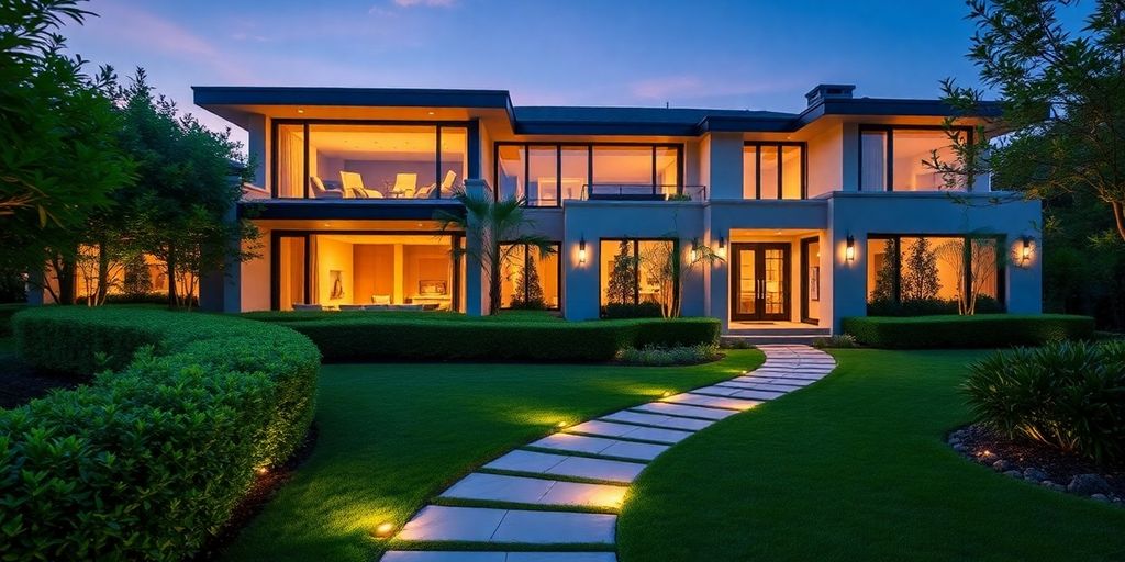Luxury modern home exterior with lush landscaping.