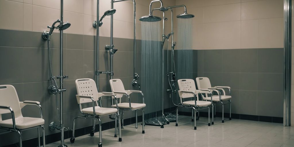 Different types of shower chairs for rent in Rio de Janeiro, neatly arranged and ready for use.