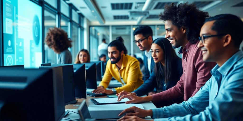 Grupo diversificado de profissionais em ambiente de trabalho moderno.