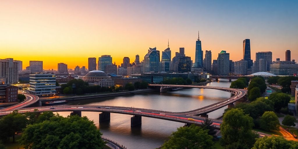 UK urban landscape with diverse buildings, green spaces.
