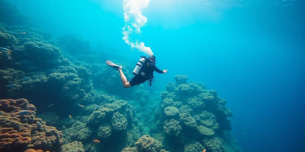 Diver swims through a vibrant coral reef.