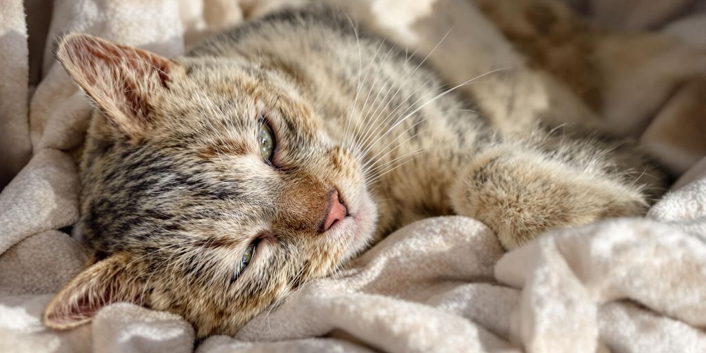Senior cat resting on a cozy blanket.