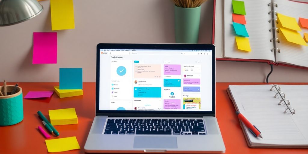 Produktives Arbeitsumfeld mit Laptop und Notizen für Zeitmanagement.