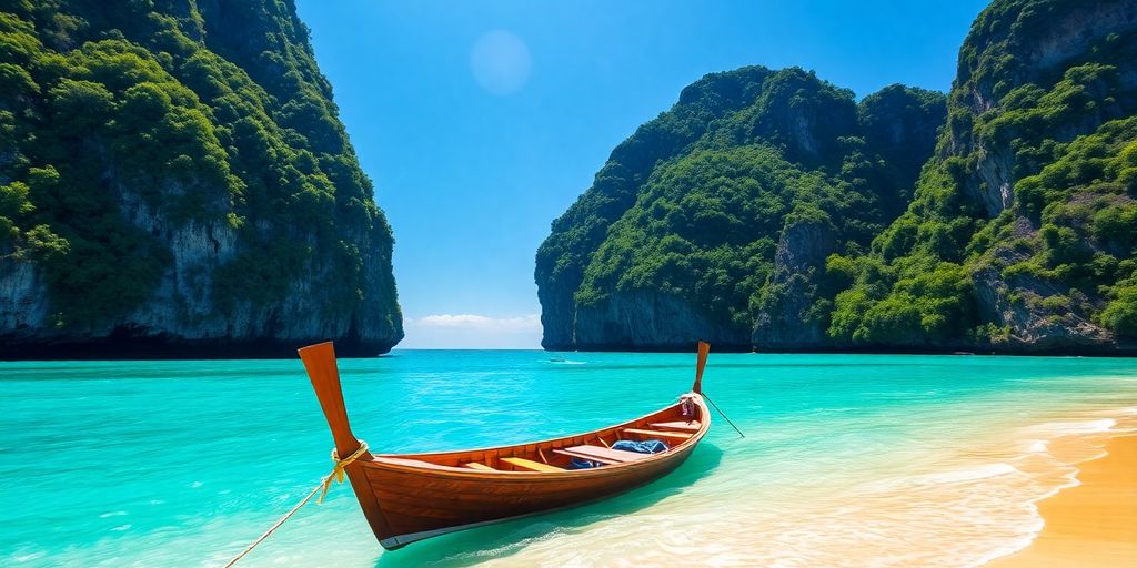 Longtail boat on clear water by limestone cliffs