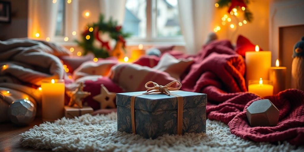 Cozy holiday scene with gifts and warm decorations.