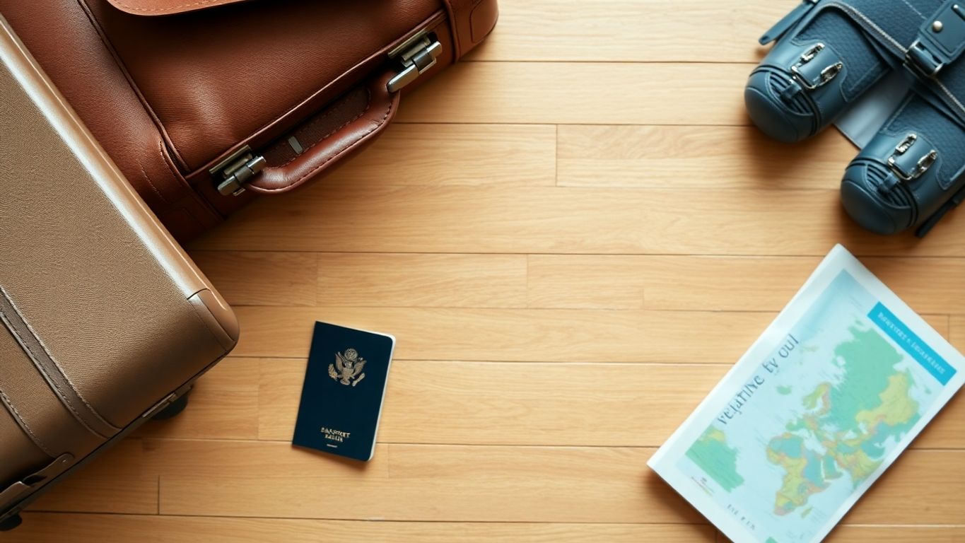 Conceito de seguro viagem com mala e passaporte.