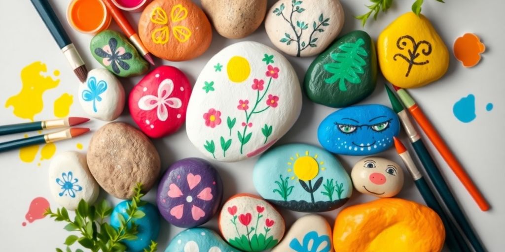 Colorful painted rocks with brushes and paints on a table.