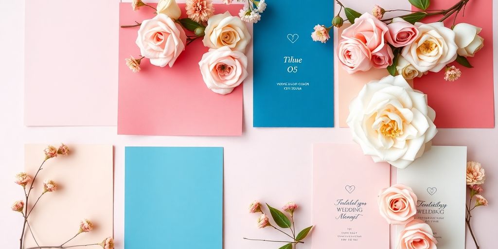 Colorful wedding palettes with floral accents and invitations.