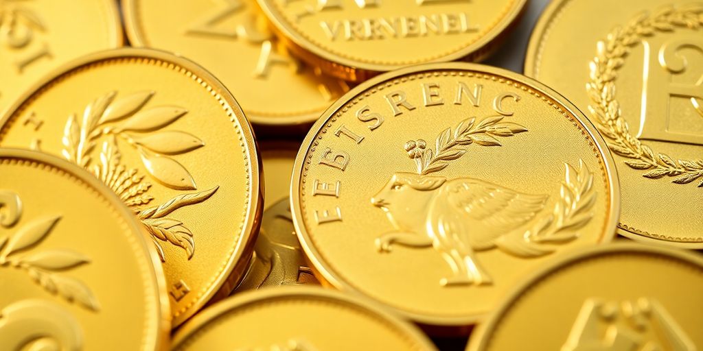 Pièces Vreneli en or, gros plan sur leur surface dorée.