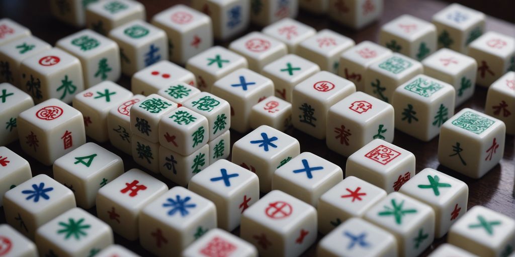 Close-up of Mahjong tiles displaying various symbols and characters, representing different meanings in the game.