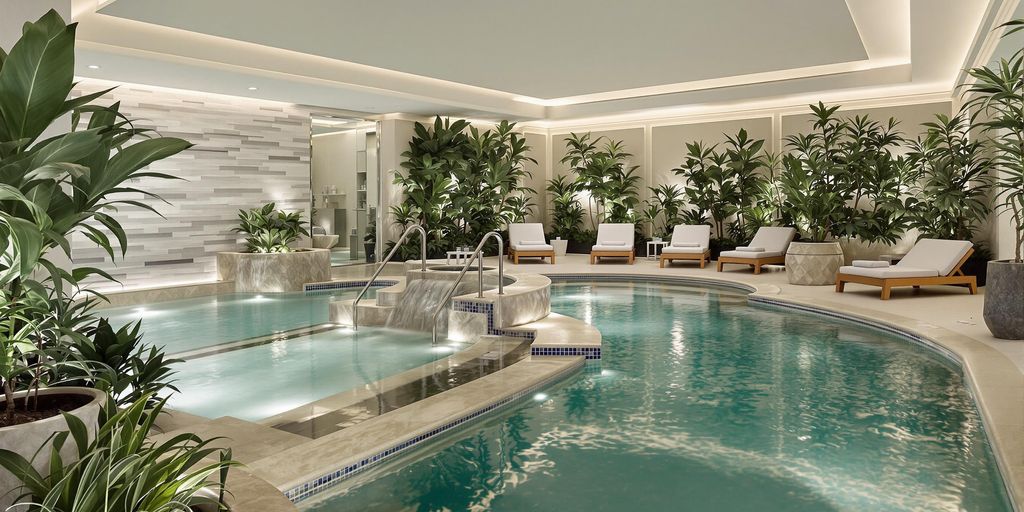 Relaxing spa area with lounge chairs and greenery.