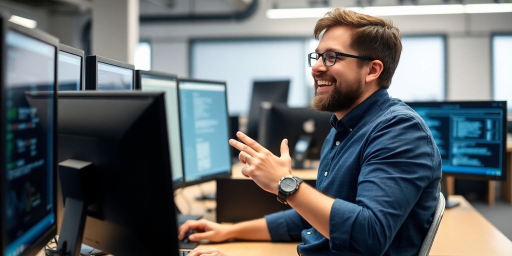 UK small business owner looking relieved at a computer.
