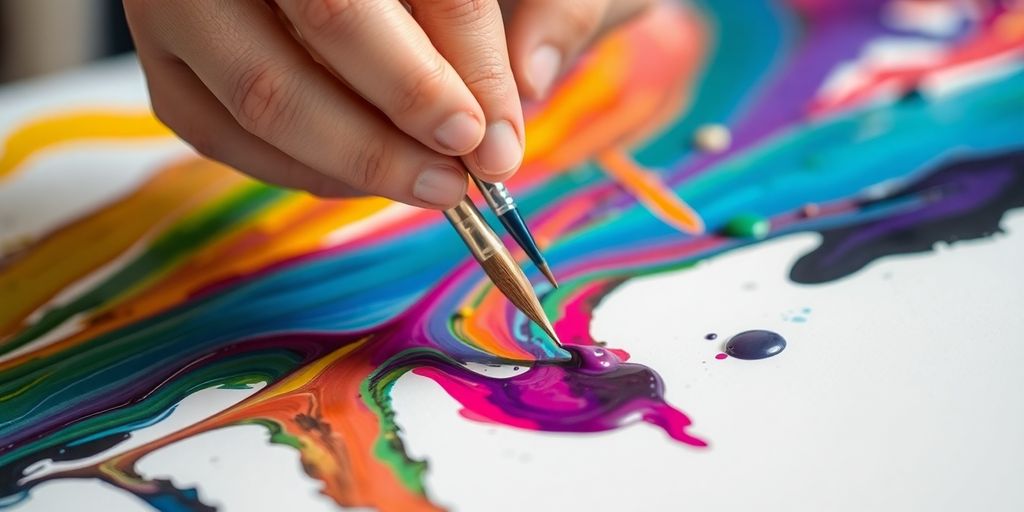 Painter's hands with brushes and colorful paint on canvas.