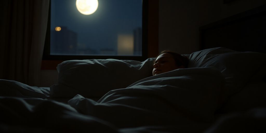 Person sleeping peacefully in a dimly lit, cozy bedroom.