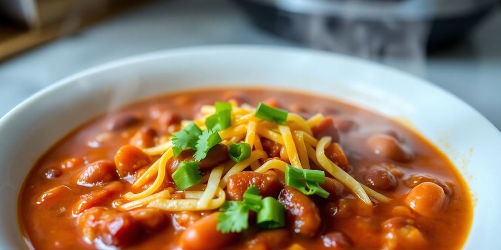 Hearty bowl of Instant Pot chili topped with cheese and cilantro.