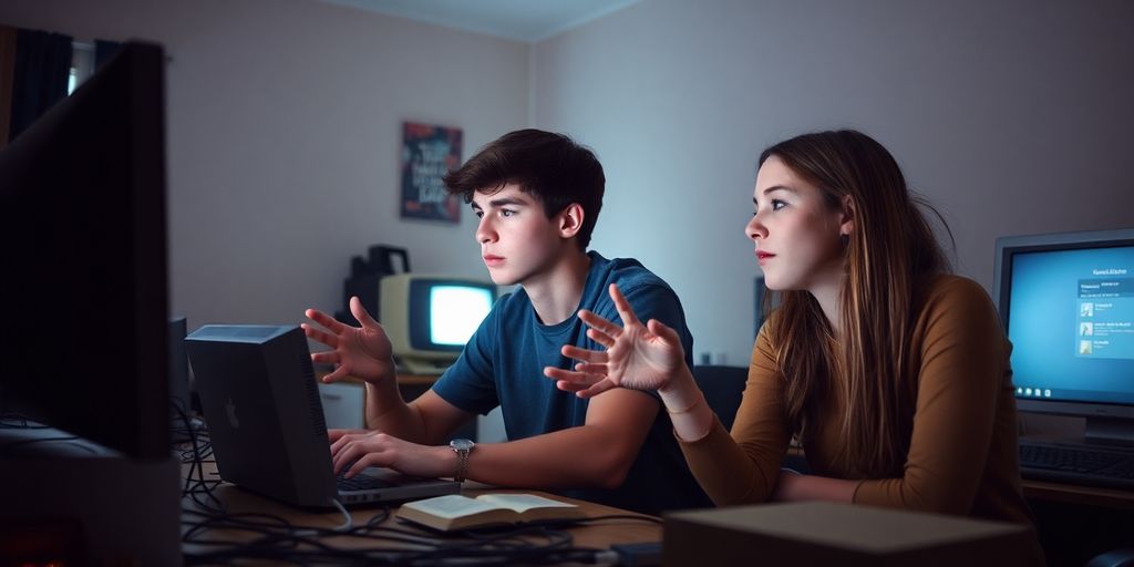 Early social network pioneers working on computers.