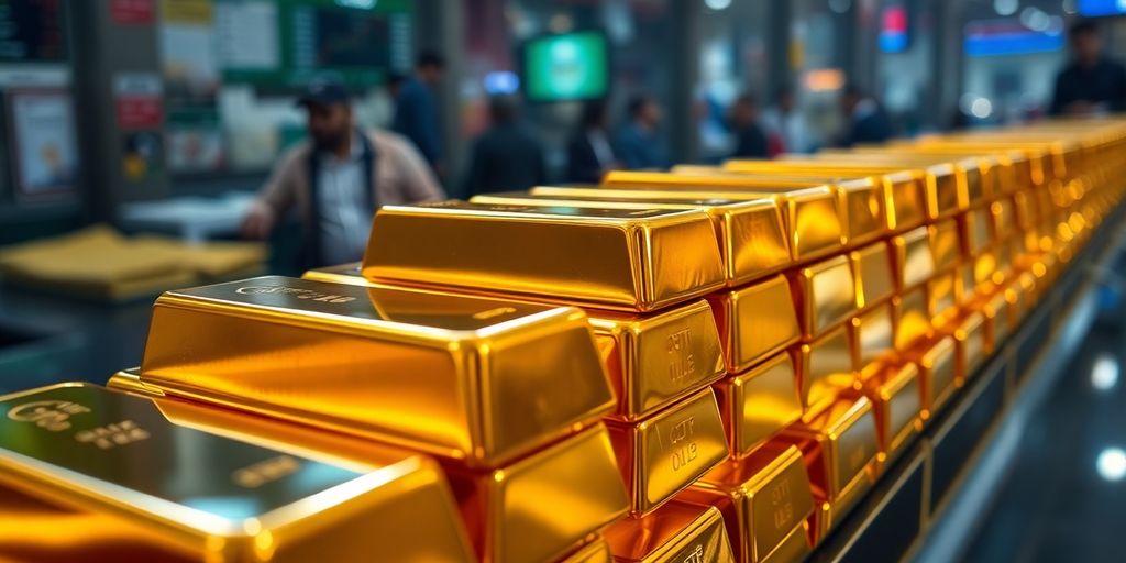 Barres d'or brillantes empilées avec un fond flou.