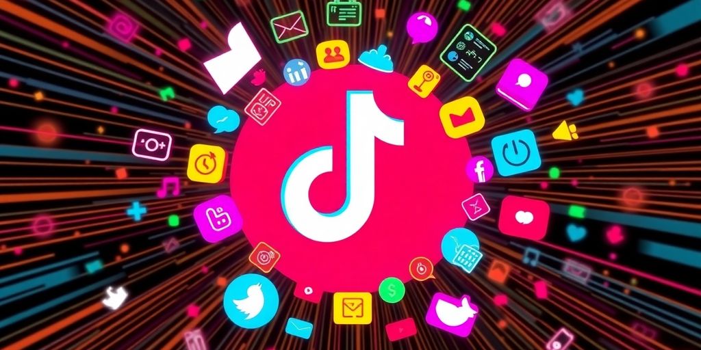 Colorful TikTok logo with dynamic social media icons.