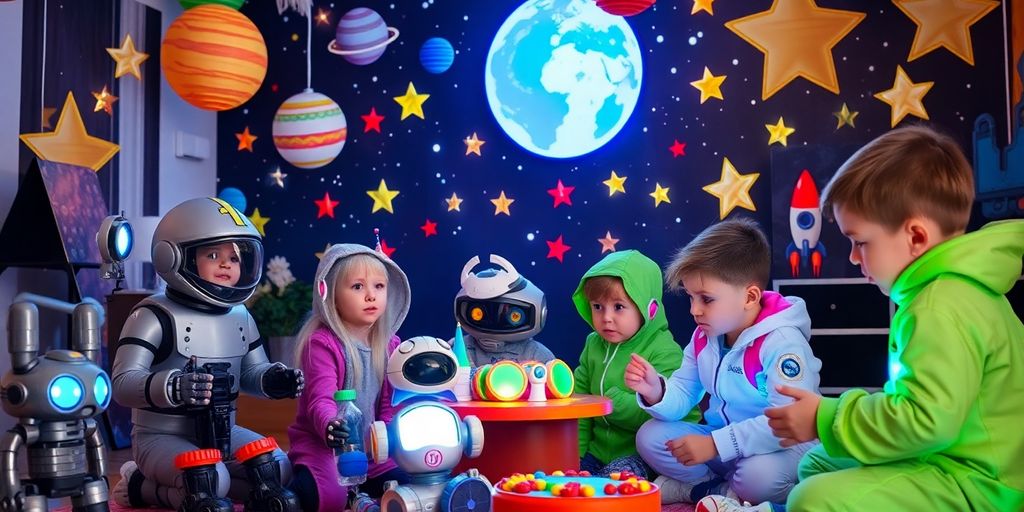Children enjoy a futuristic space-themed party with decorations.