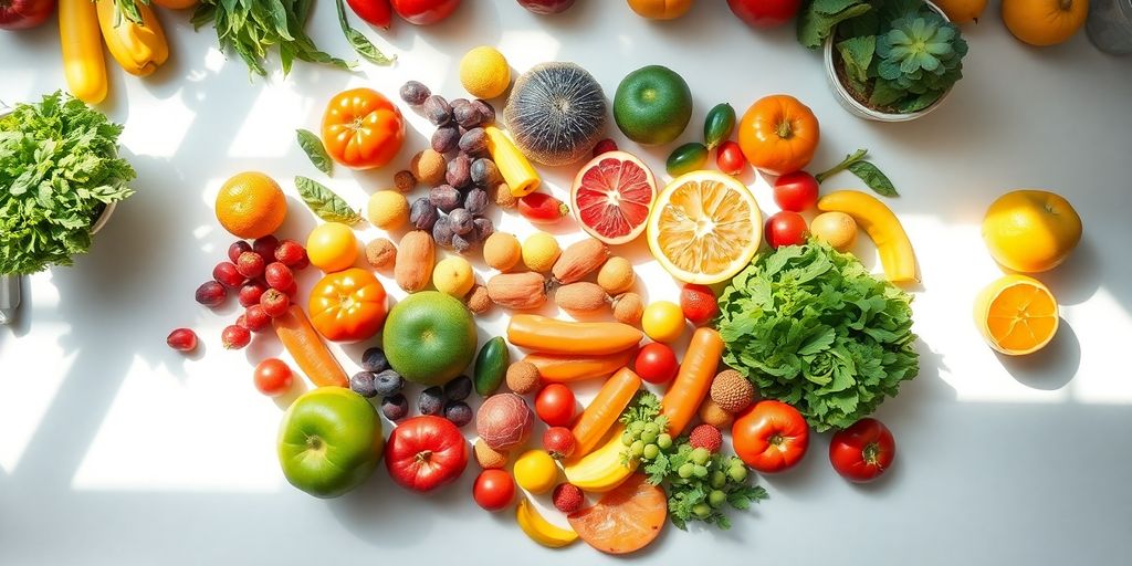 Fresh colorful fruits and vegetables arranged attractively.