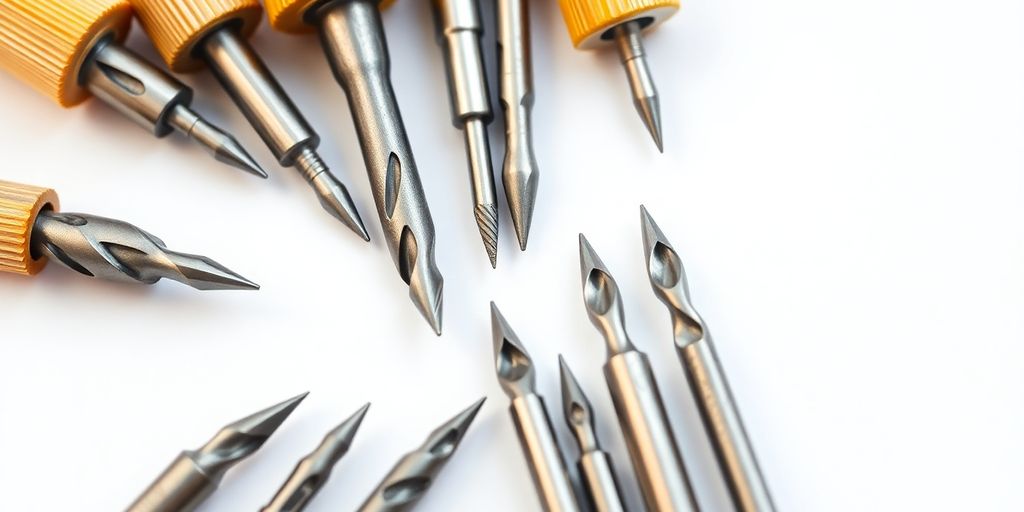 Close-up of assorted nail drill bits on white background.