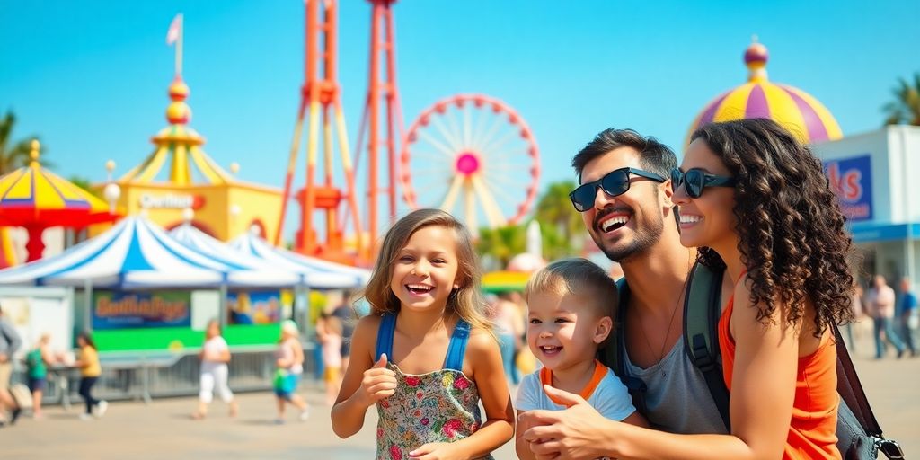 Family having fun in a lively vacation city.