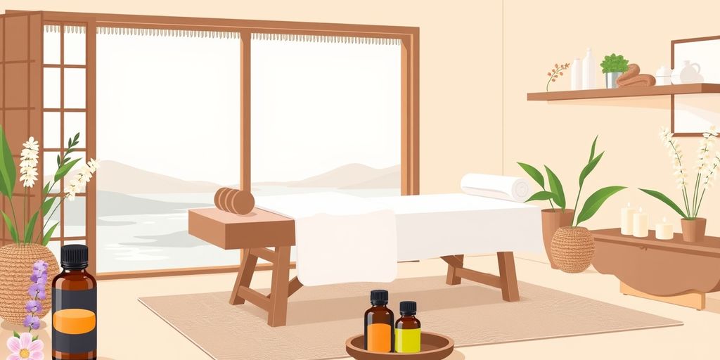 Serene spa setting with massage table and essential oils.
