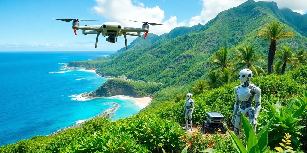 Hawaii landscape with technology elements and lush greenery.