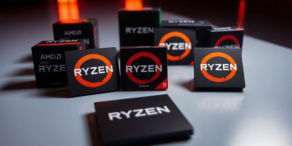 Différents processeurs AMD Ryzen sur un fond moderne.