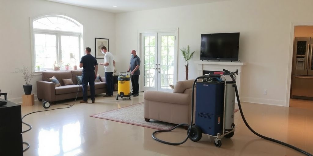 Team cleaning water damage in bright living room.