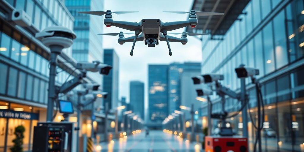 Technologie de sécurité futuriste avec capteurs et drones.