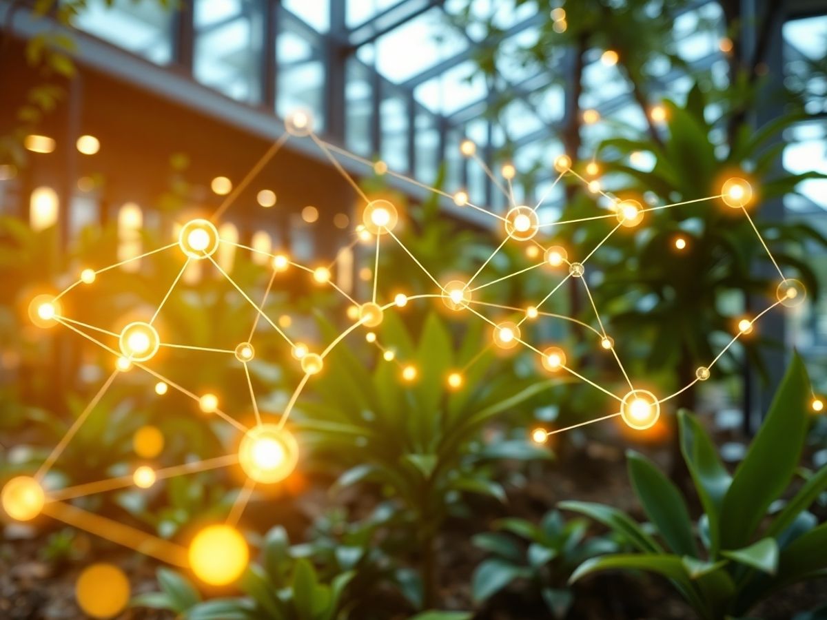Dispozitive IoT conectate, fluxuri digitale, pe un fundal de natură verde.