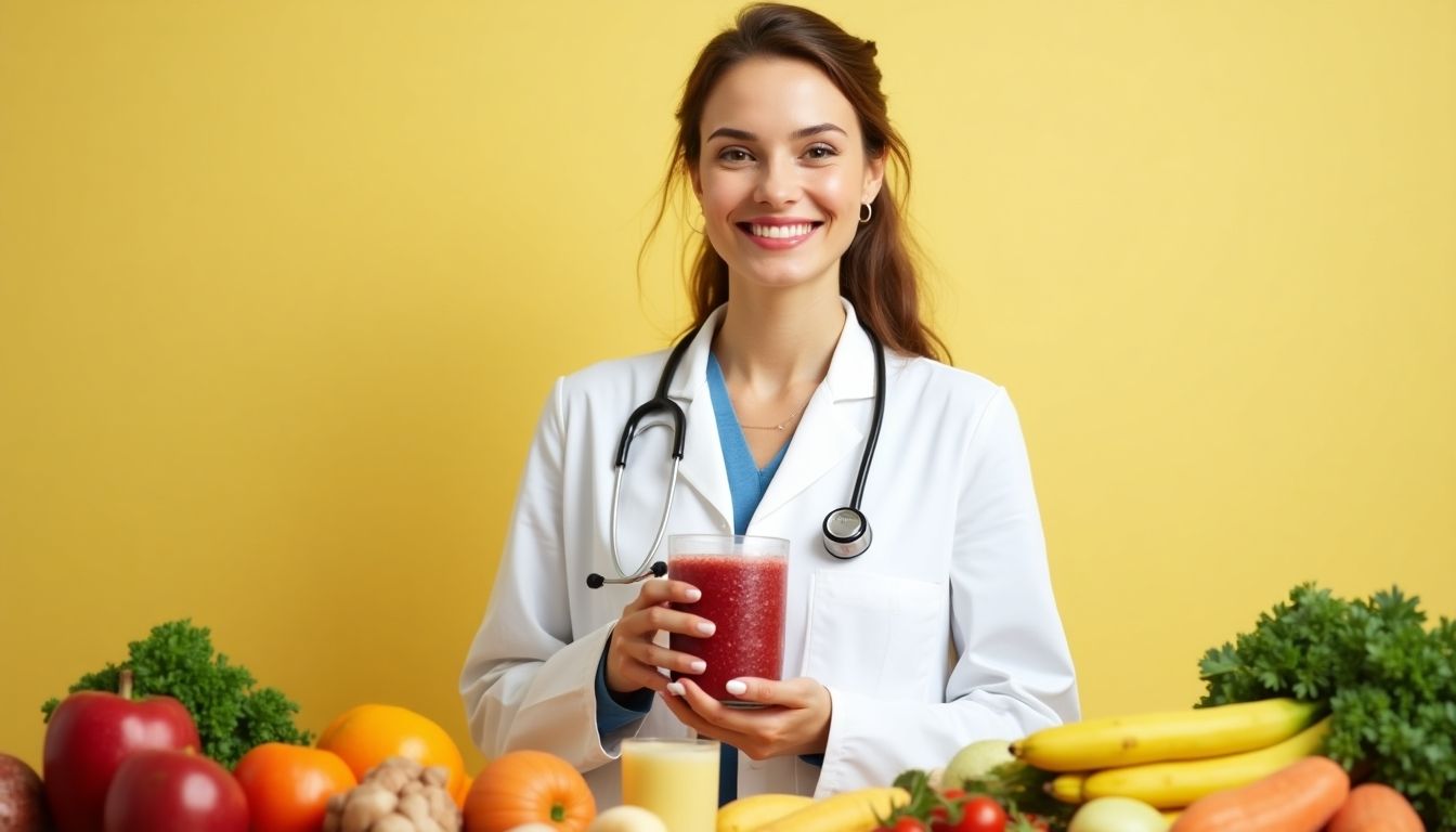 Doctor holding a smoothie with fruits and vegetables.