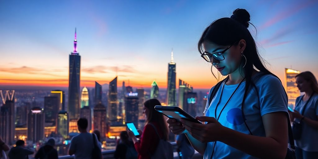 City skyline with futuristic technology and vibrant atmosphere.