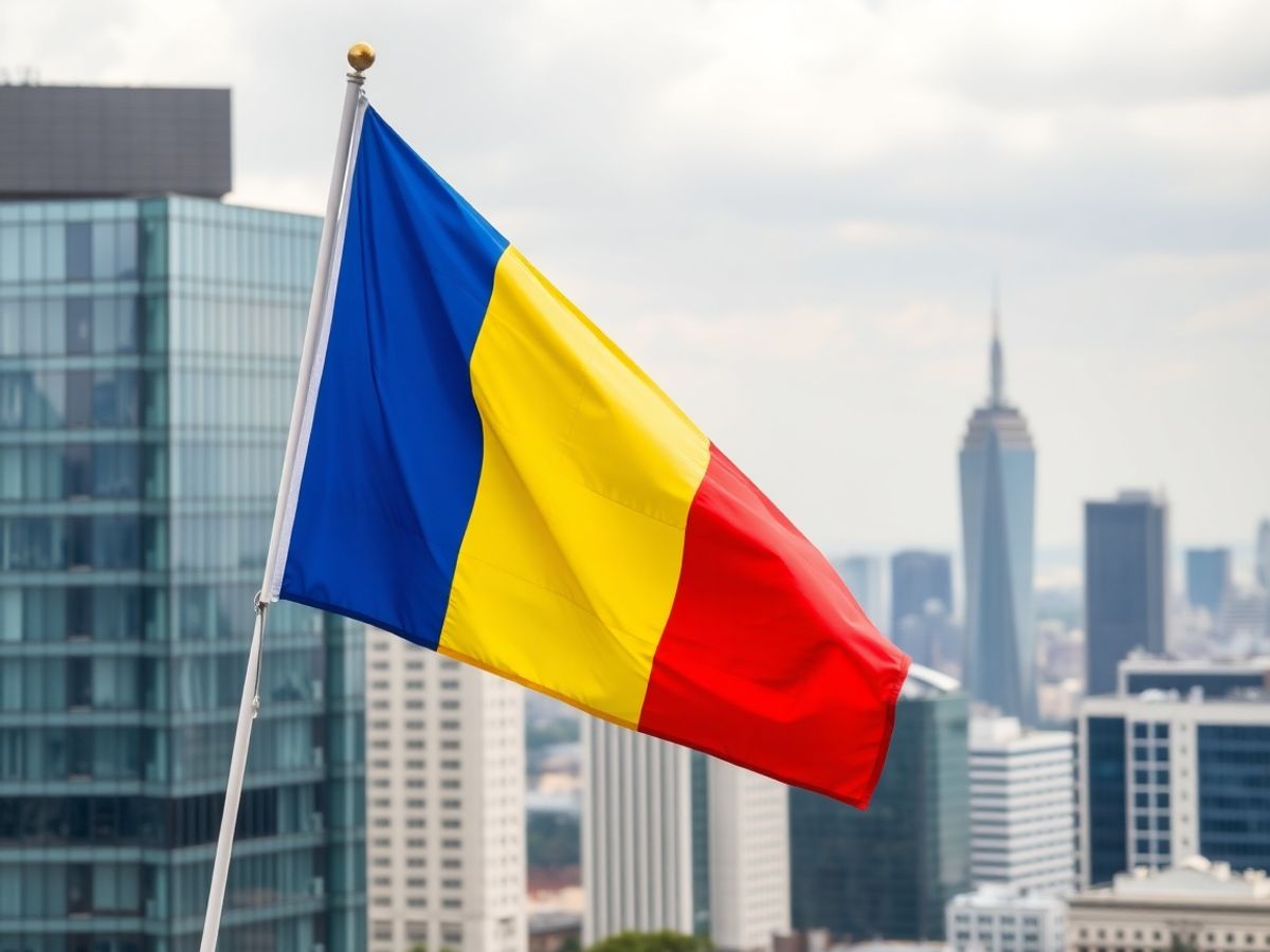 Clădiri guvernamentale și steaguri naționale.