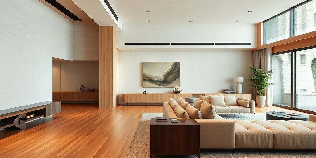 Sleek modern living room with earthy tones and natural textures.