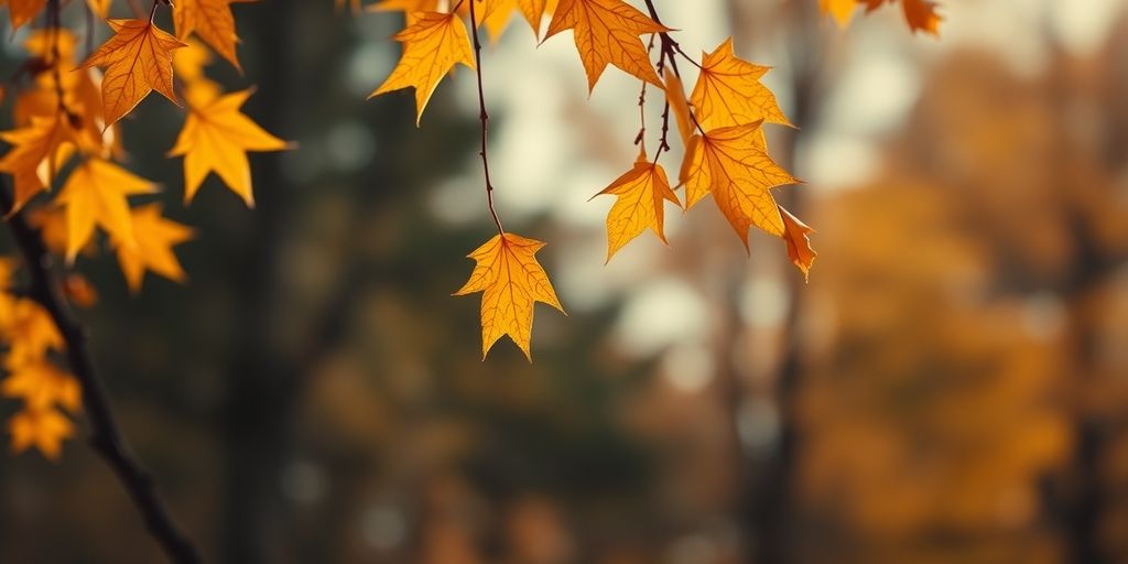 Cozy autumn scene with falling leaves.