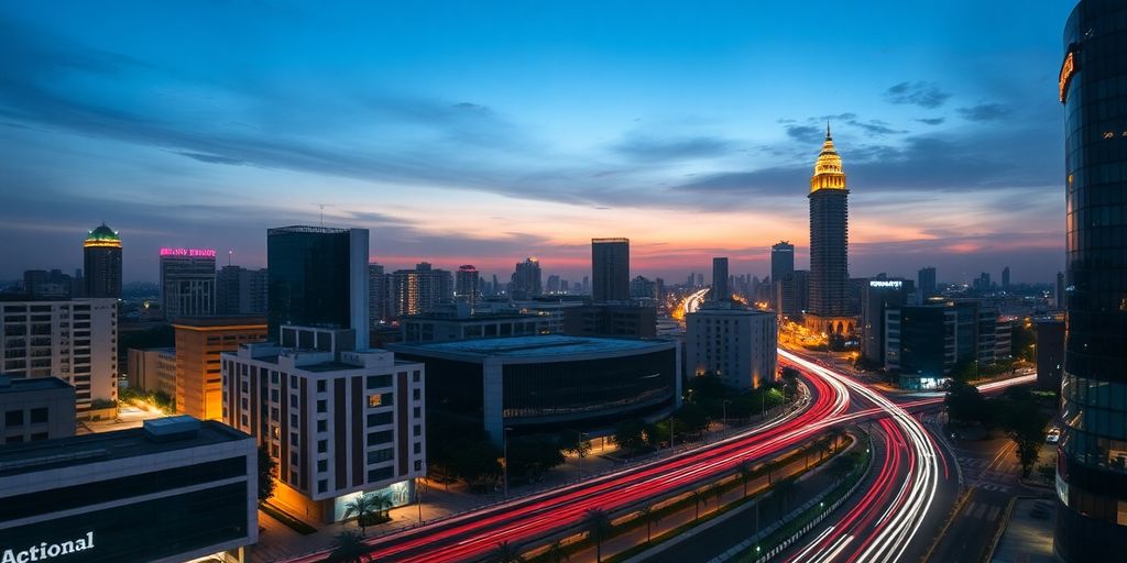 Dynamic Indian cityscape with news headlines.