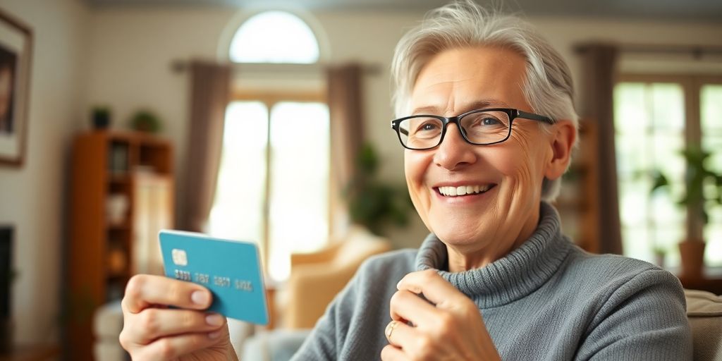 Pessoa sorrindo com cartão, ambiente acolhedor e iluminado.